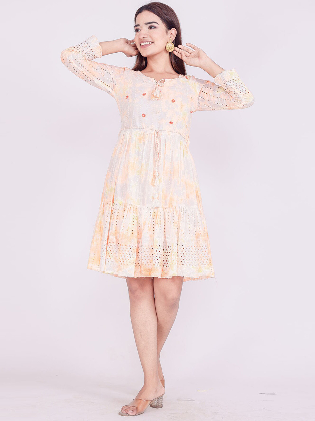 

FASHION DWAR Peach-Coloured Tie-Up Neck Mini Dress