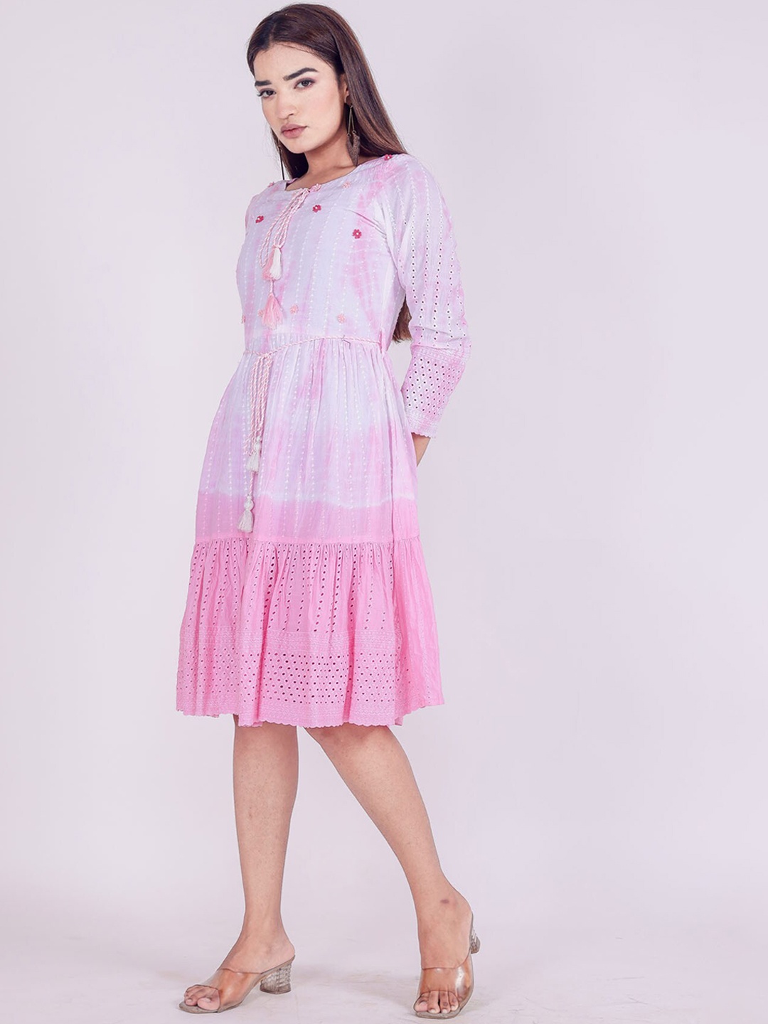 FASHION DWAR Pink & White Dyed Tie-Up Neck Mini Dress