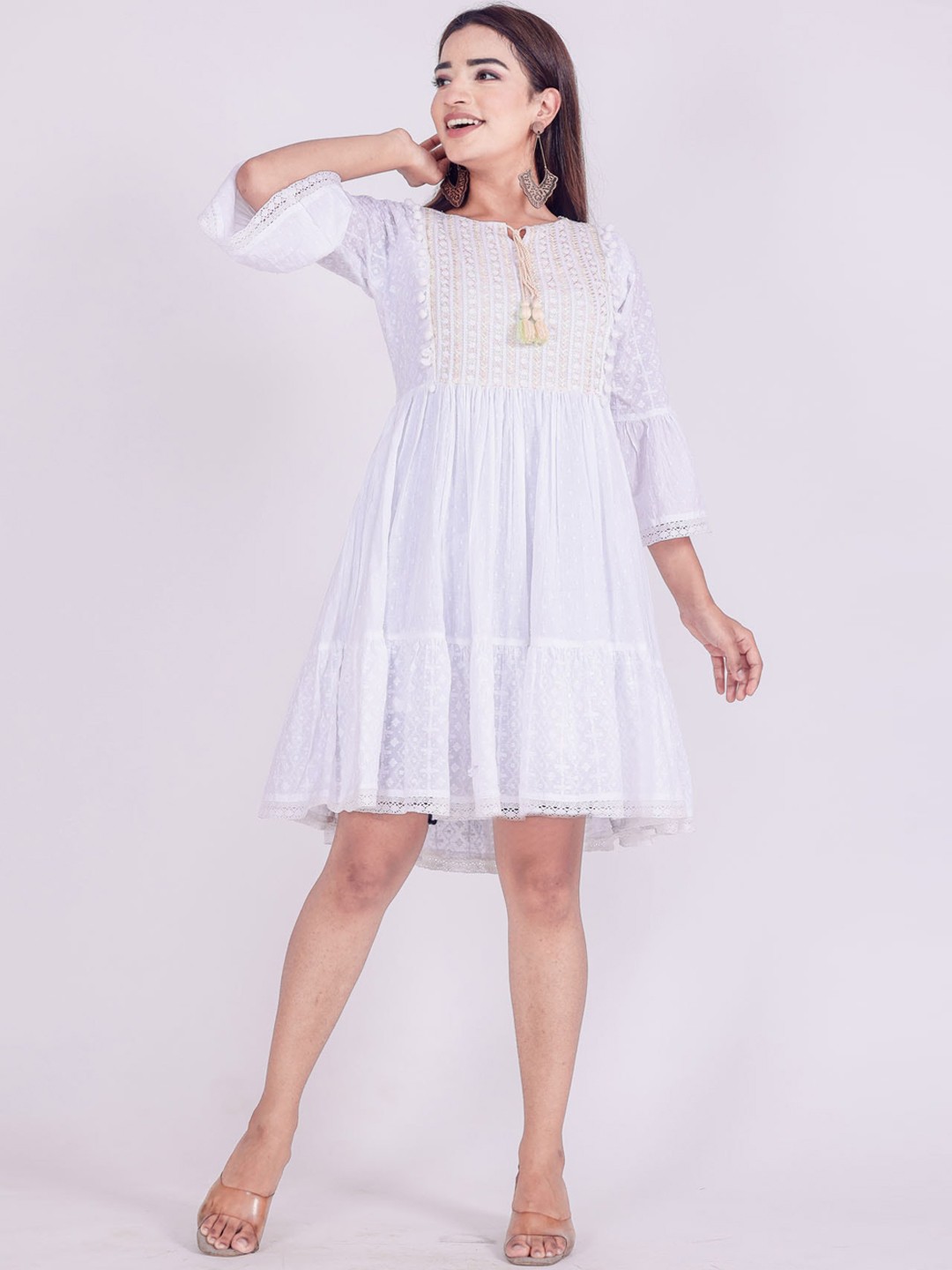 

FASHION DWAR White Floral Embroidered Tie-Up Neck Empire Dress