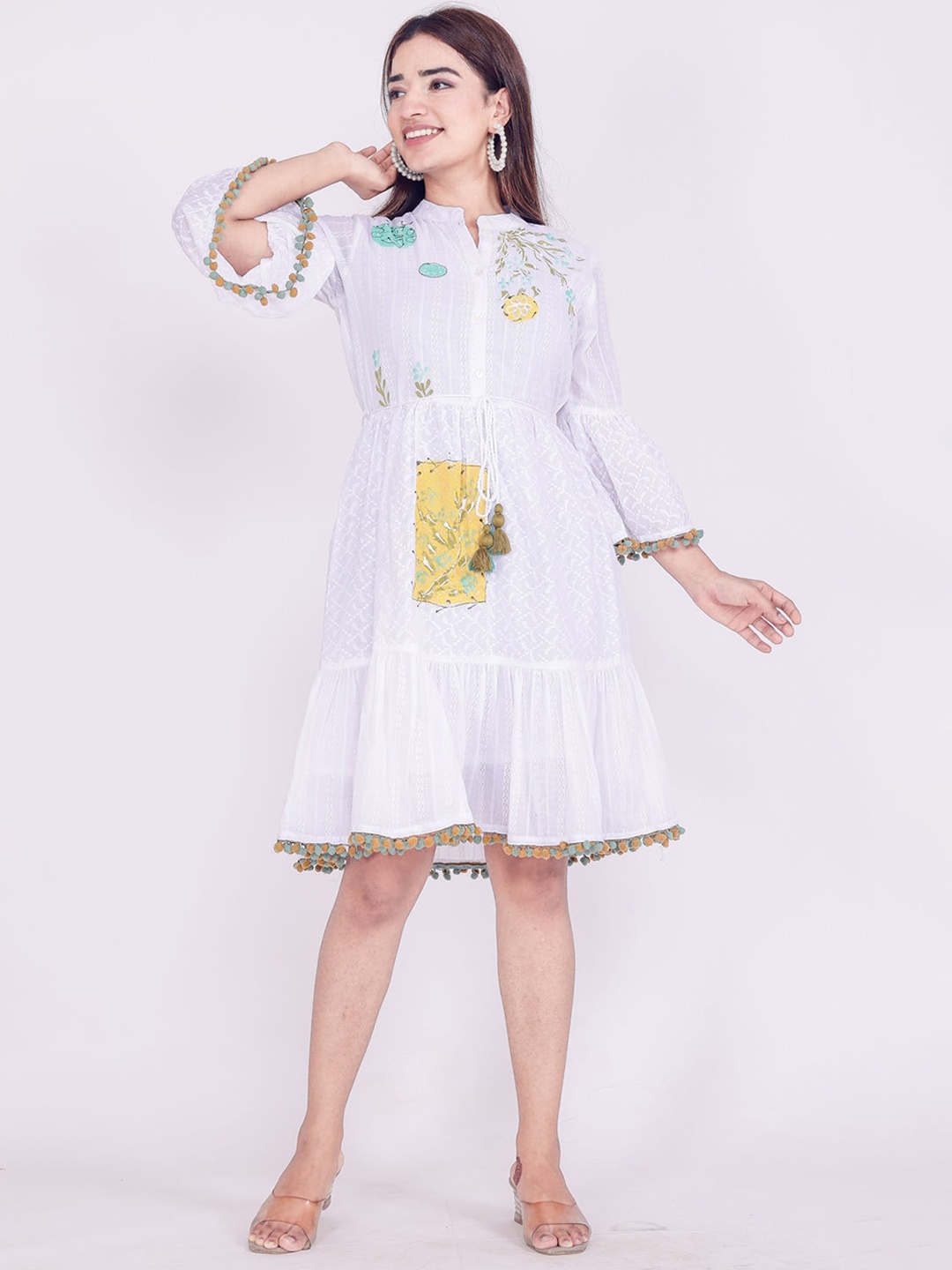 

FASHION DWAR Women White Printed Cotton Short Ethnic Dresses