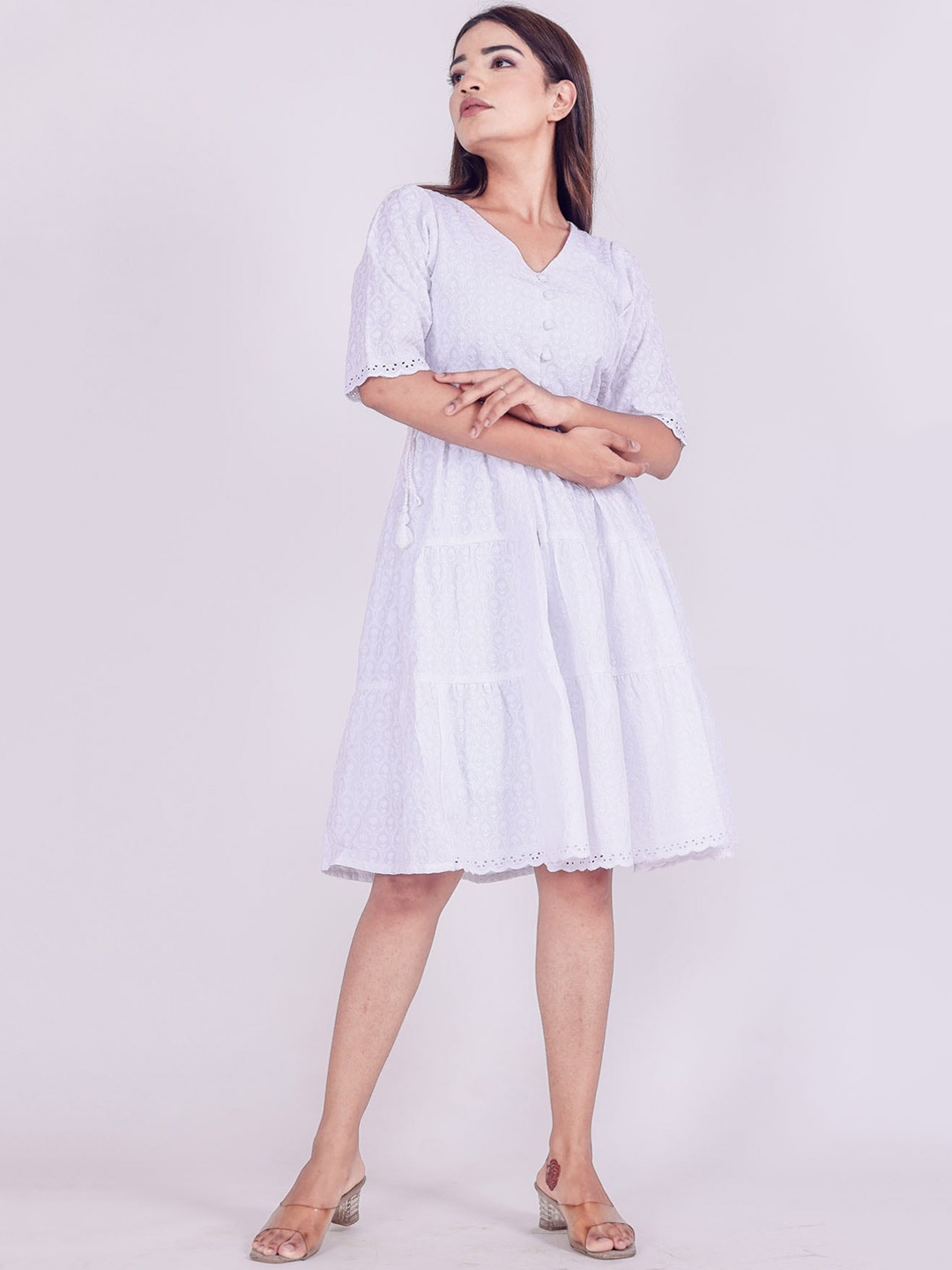 

FASHION DWAR Women White Embroidered Cotton Short Dress