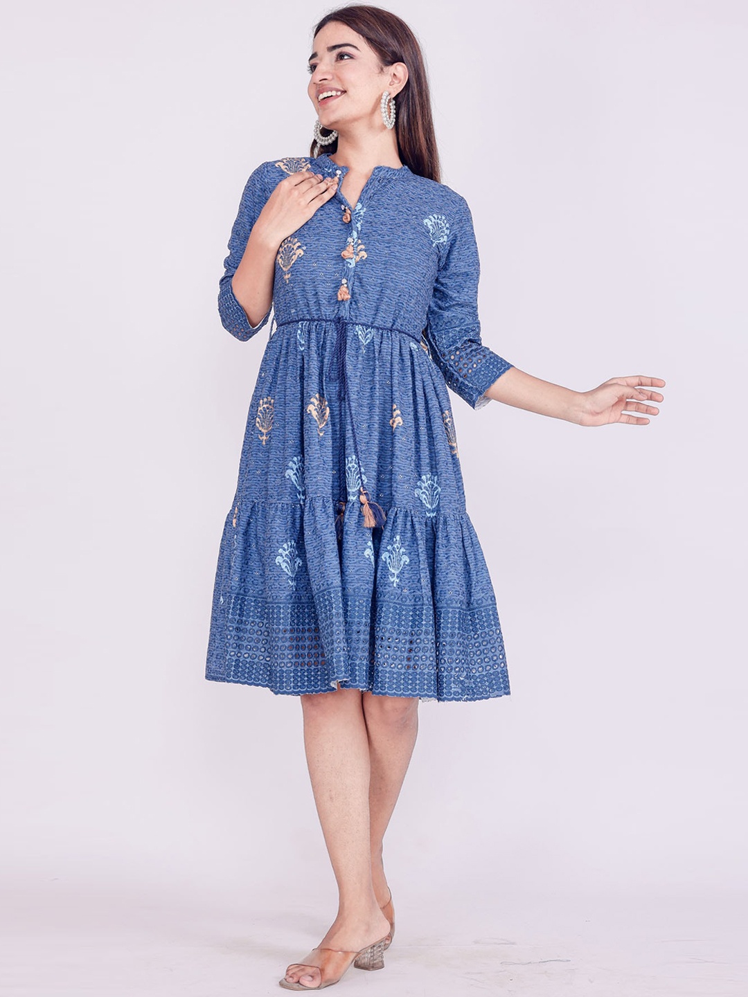 

FASHION DWAR Women Blue Printed Knee-Length Ethnic Dresses