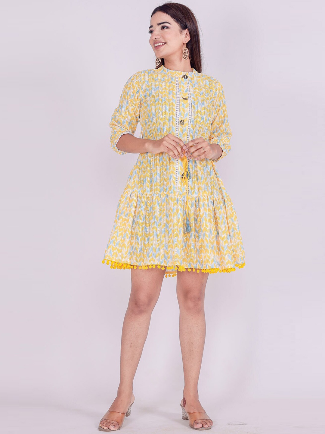 

FASHION DWAR Women White Embroidered Cotton Short Dress, Yellow