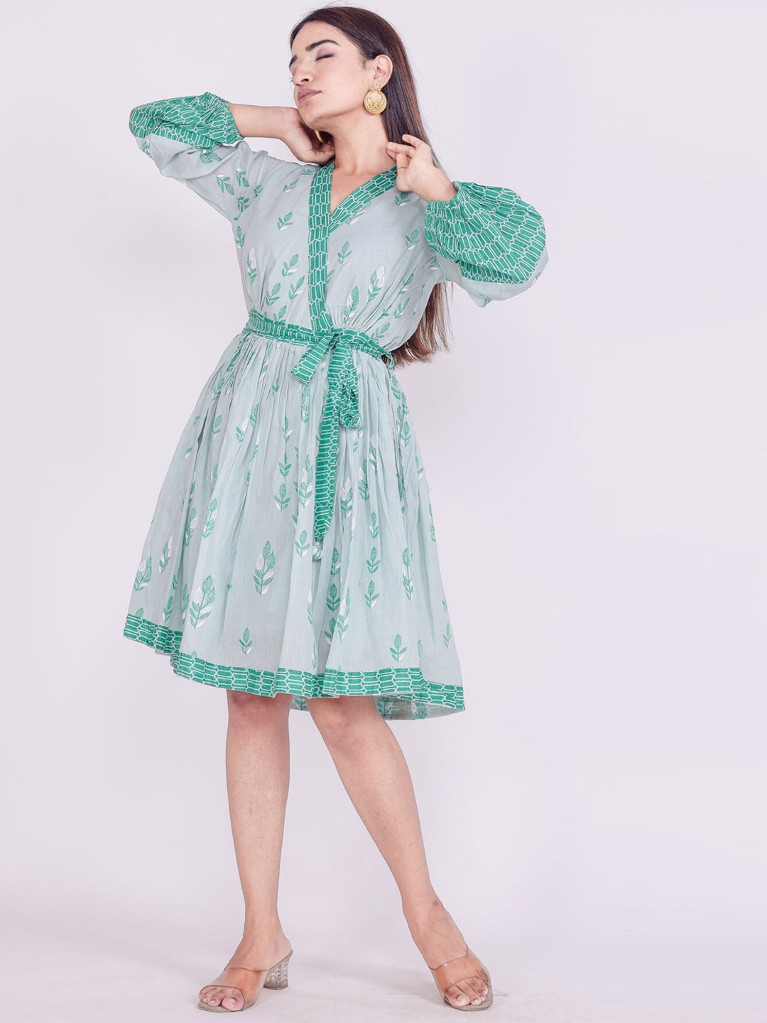 

FASHION DWAR Women Green Printed Cotton Short Dress