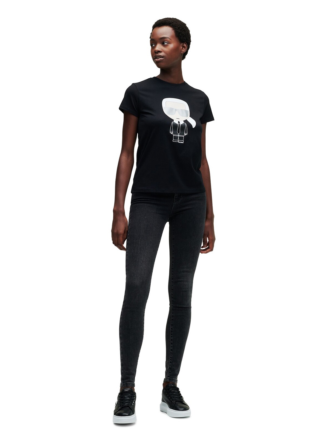 

Karl Lagerfeld Women Black Printed Applique Slim Fit T-shirt