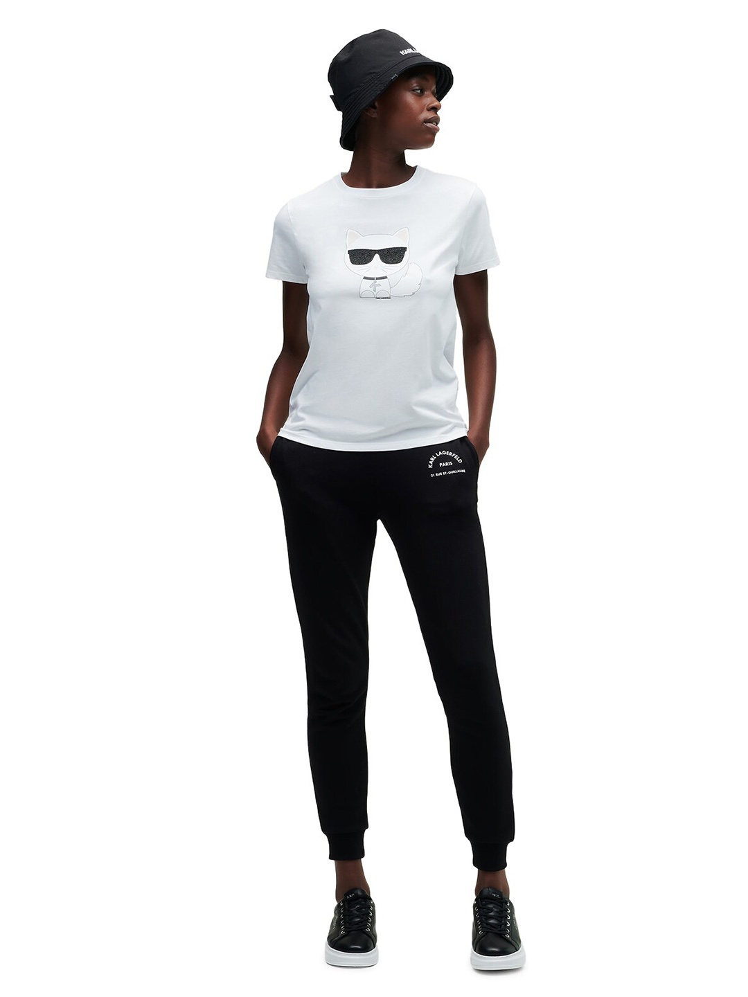 

Karl Lagerfeld Women White Typography Printed Applique Slim Fit T-shirt