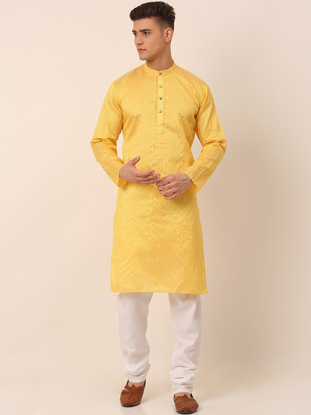 

Jompers Men Yellow Thread Work Kurta with Churidar