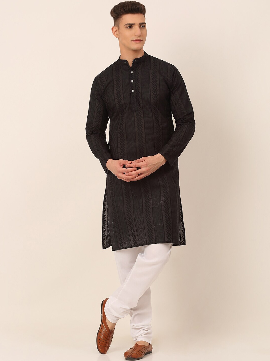 

Jompers Men Black Chikankari Pure Cotton Kurta with Churidar