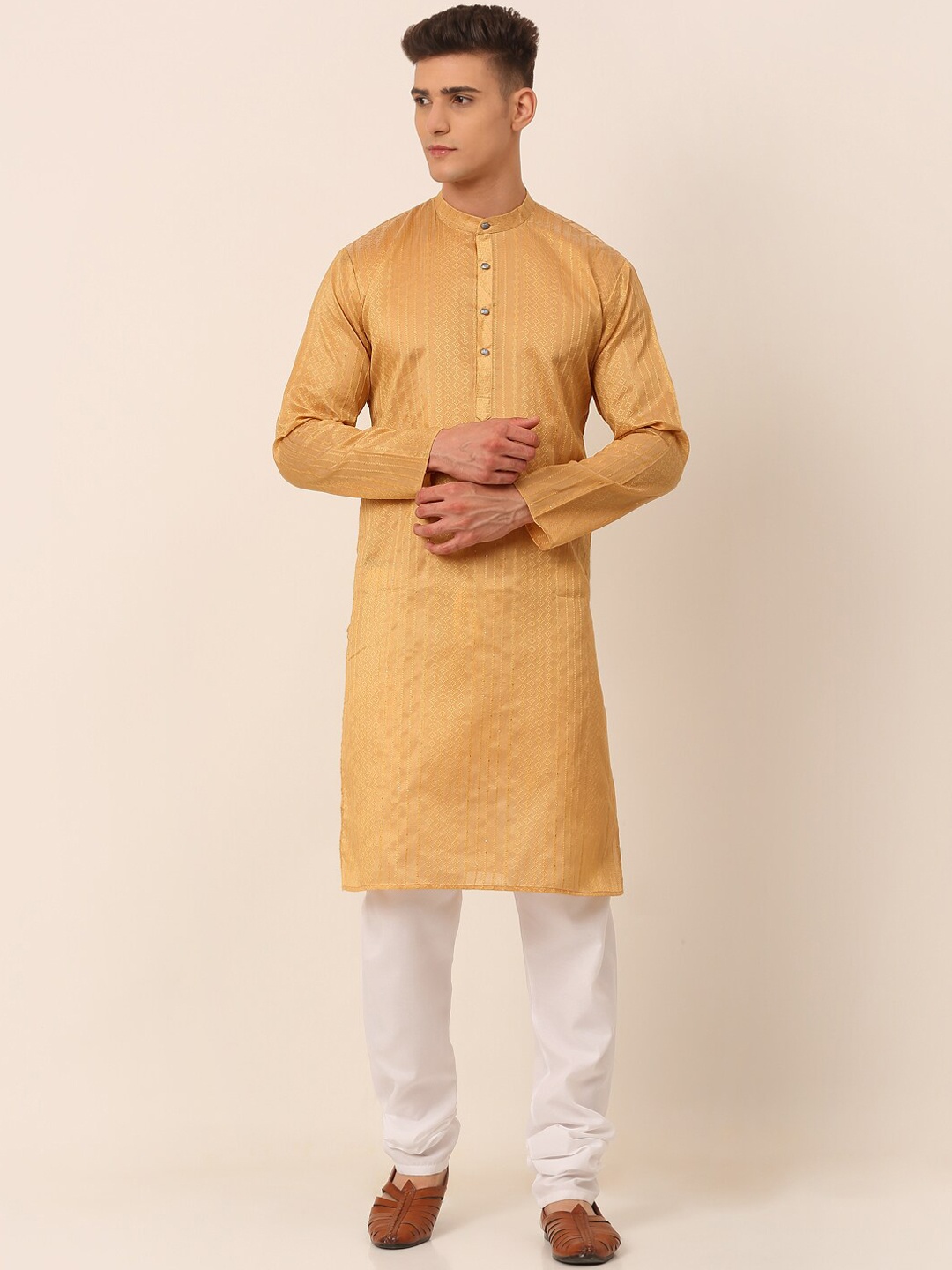 

Jompers Men Beige Thread Work Kurta with Pyjamas
