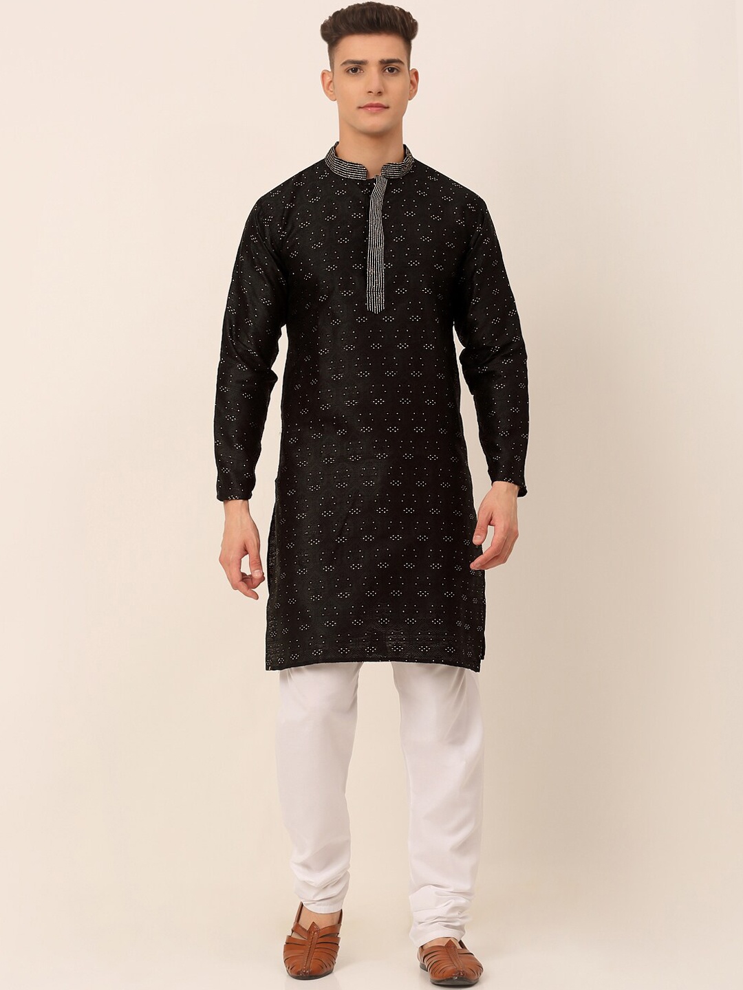 

Jompers Men Black Micro Ditsy Printed Kurta with Churidar