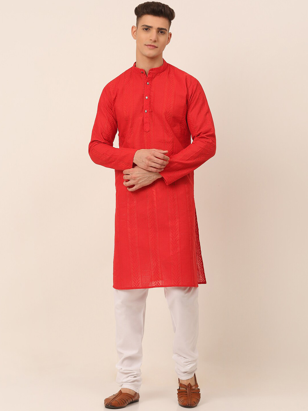 

Jompers Men Red Embroidered Pure Cotton Kurta with Churidar