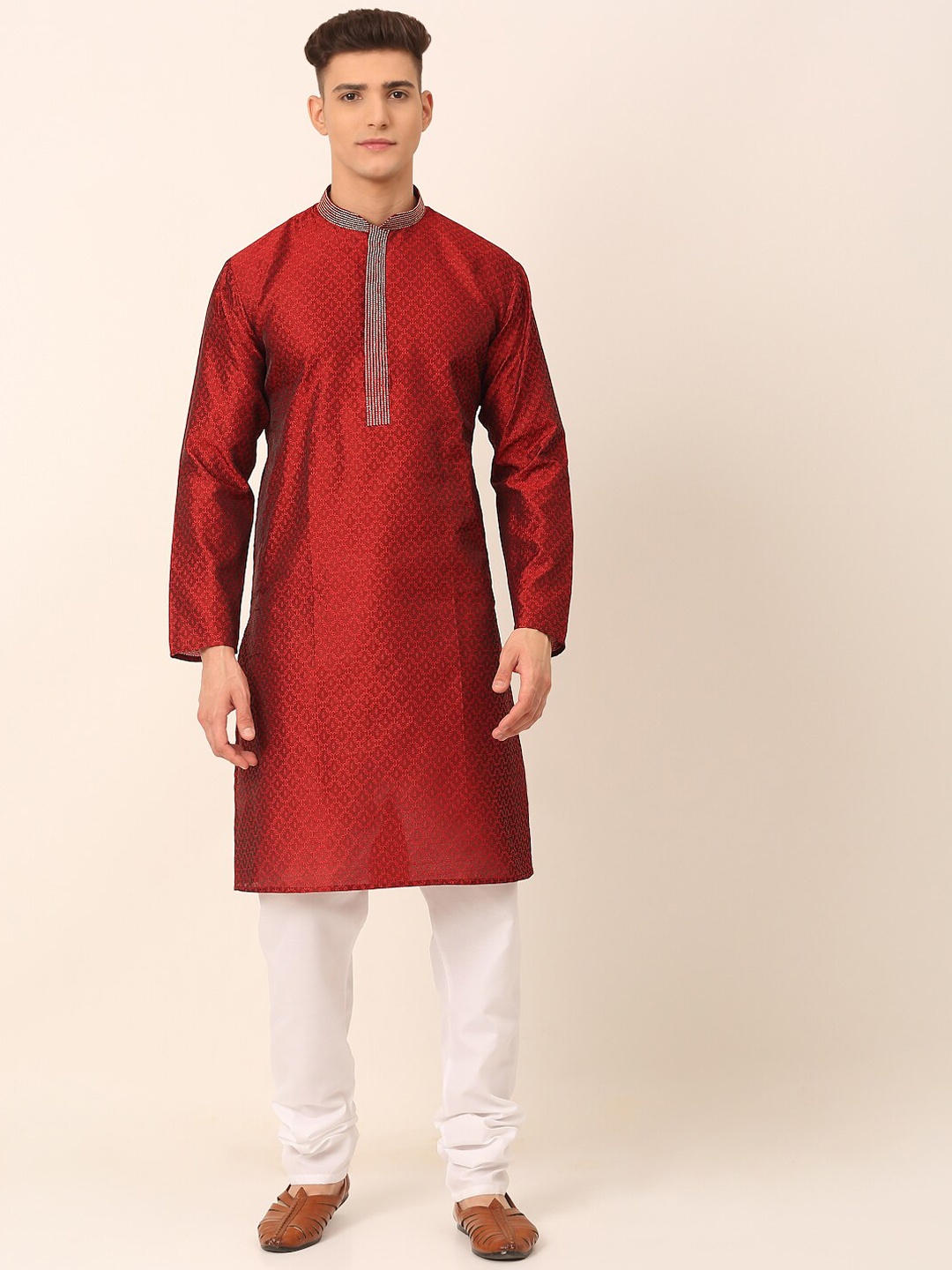 

Jompers Men Maroon Self Design Kurta with Churidar