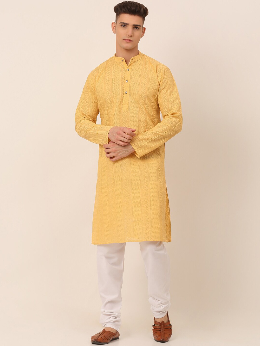 

Jompers Men's Beige Chikankari Pure Cotton Kurta With Pyjamas