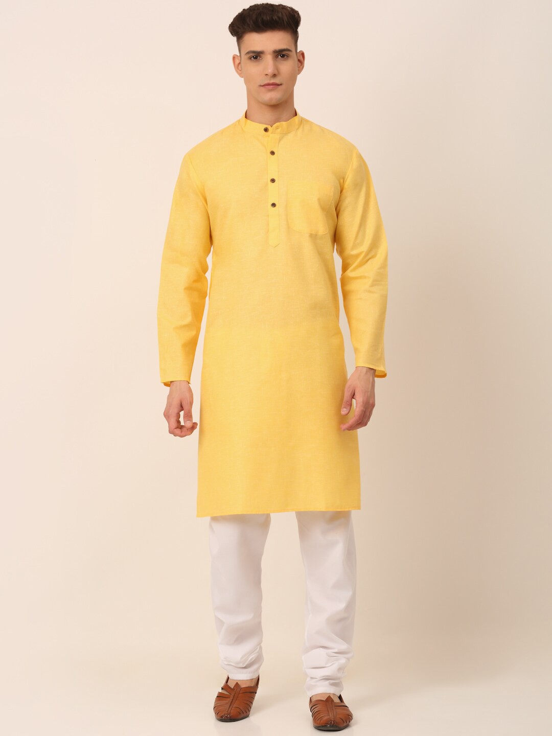

Jompers Men's Yellow Pleated Pure Cotton Kurta Pajama Sets