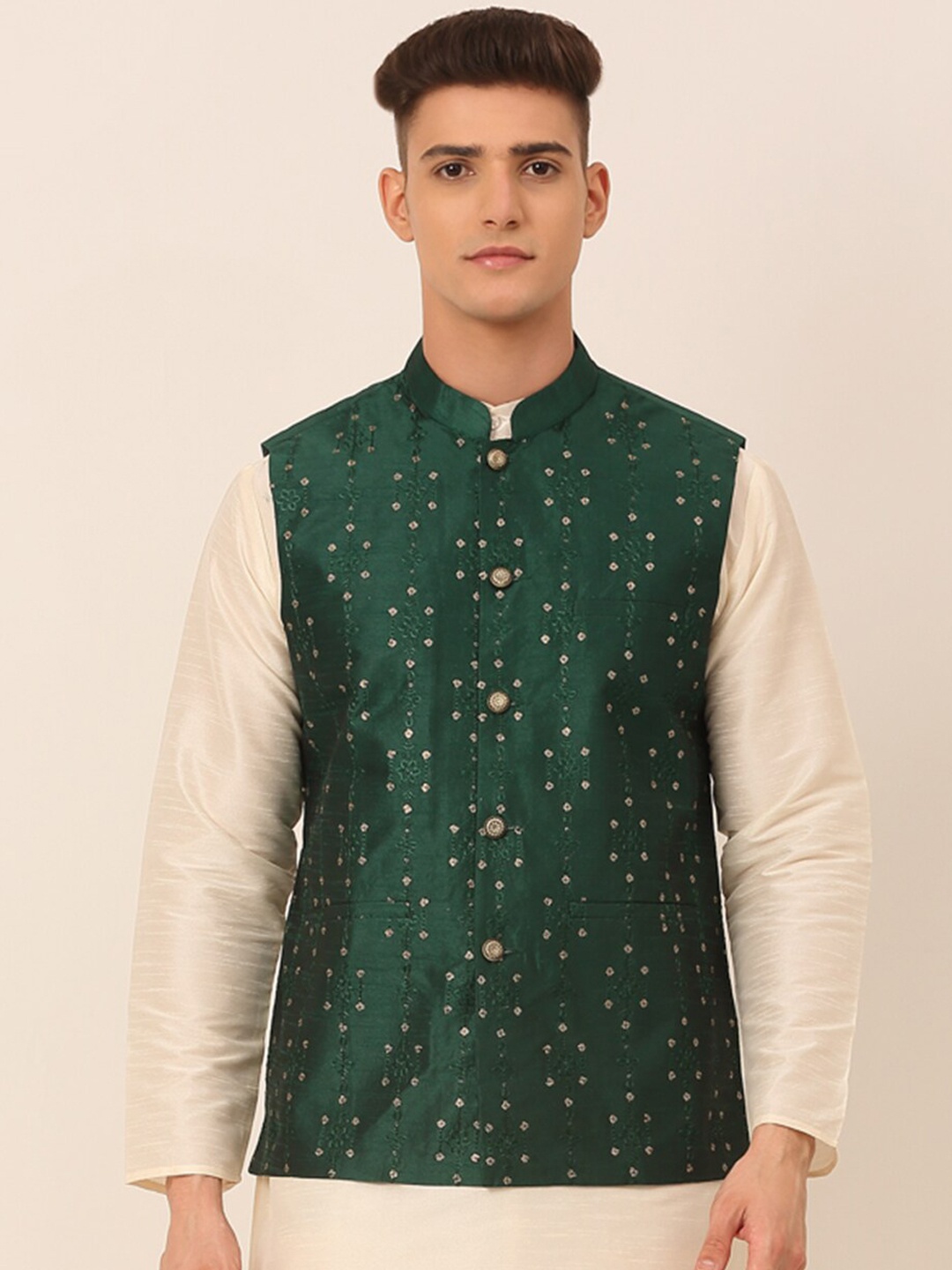 

Jompers Men Green Embroidered Nehru Jacket