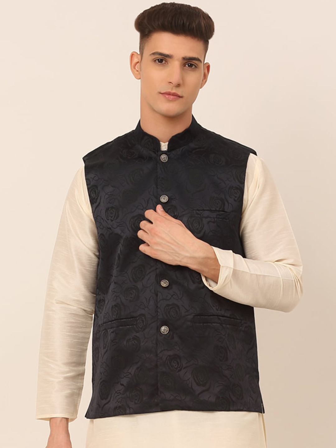 

Jompers Men Navy Blue Embossed Waistcoat