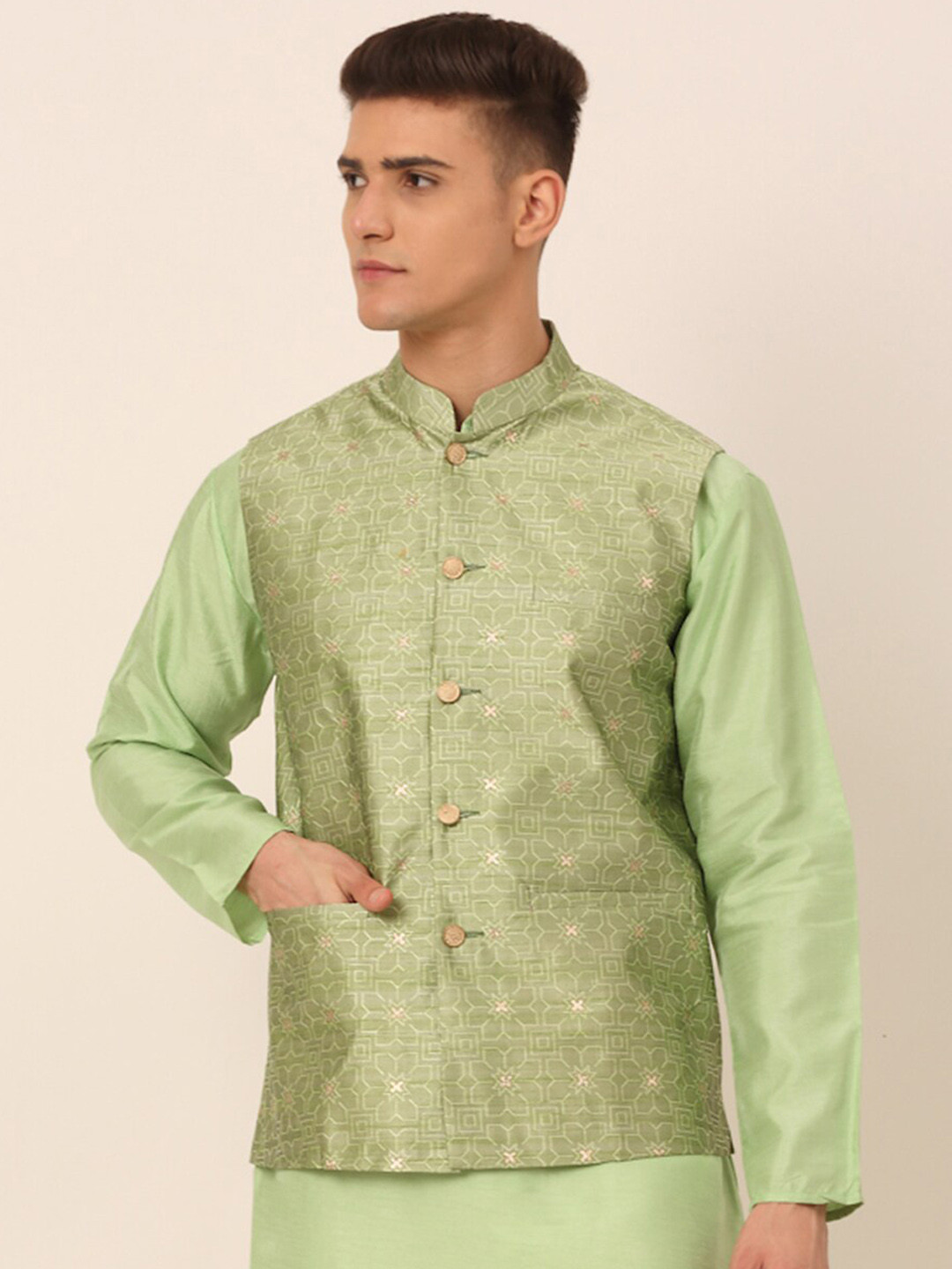 

Jompers Men Green Woven Design Nehru Jacket