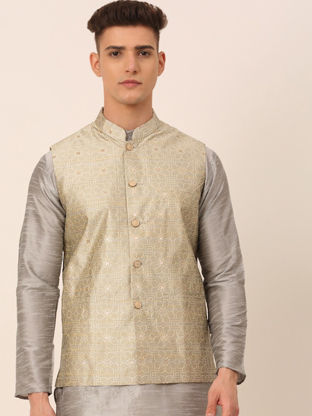 

Jompers Beige Woven Design Nehru Jacket