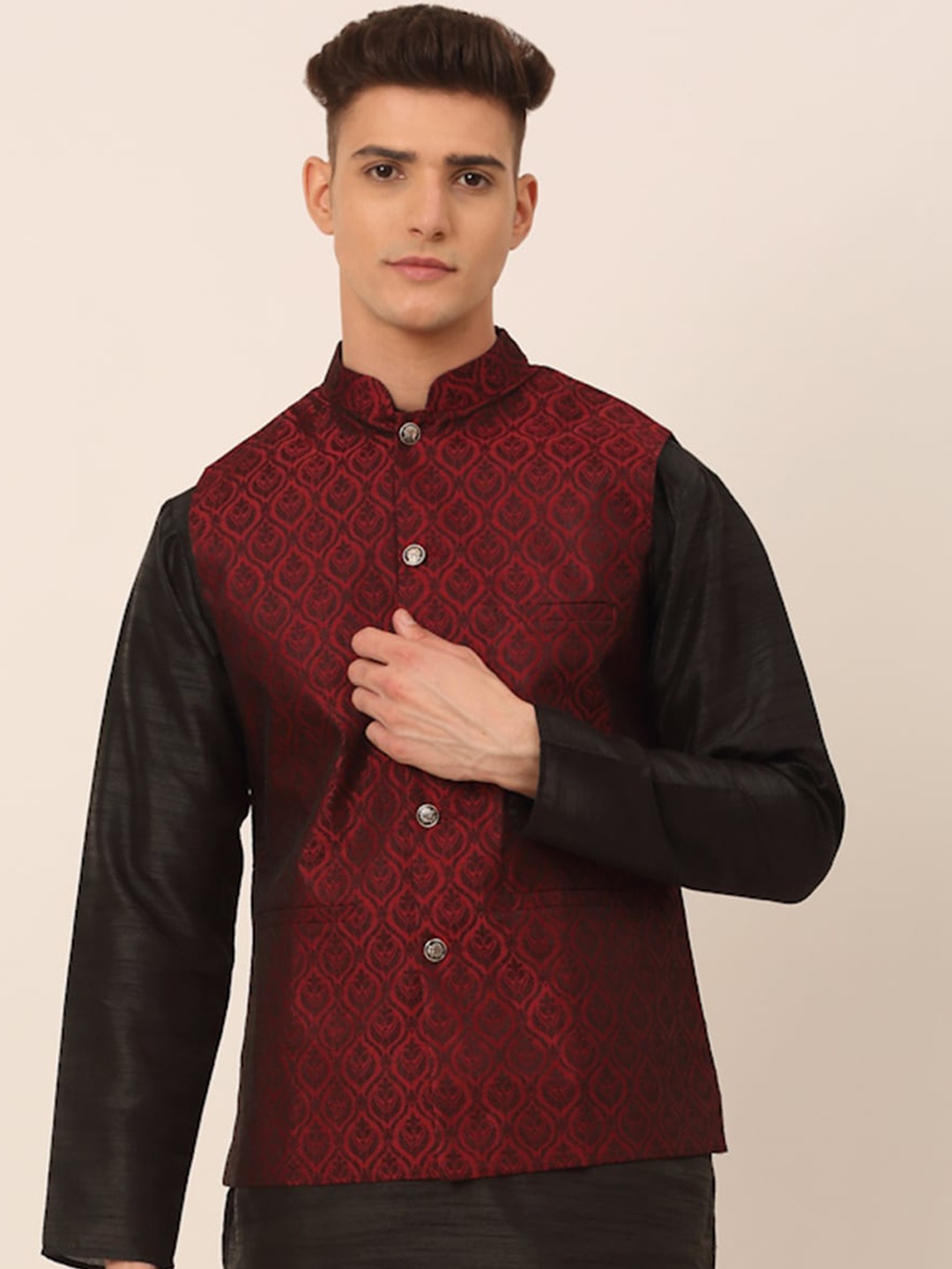 

Jompers Men Maroon Self-Designed Waistcoat