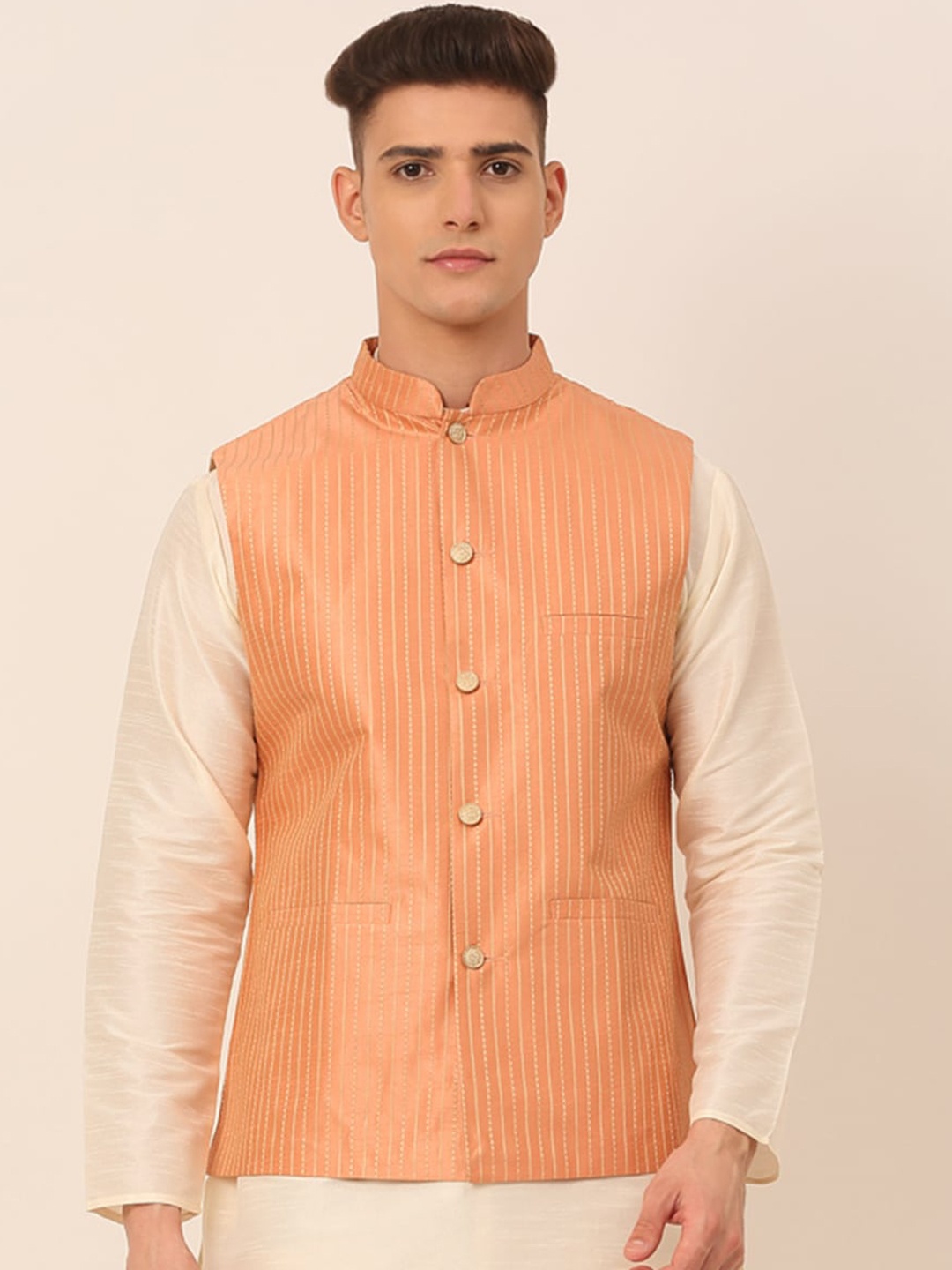 

Jompers Men Peach & Gold-Toned Striped Nehru Jacket