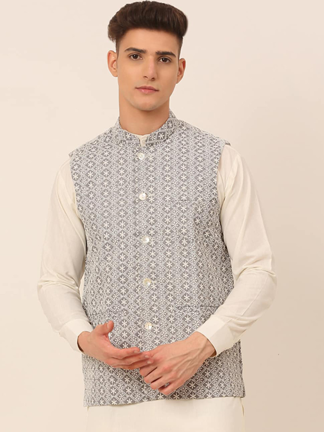 

Jompers Men Grey & White Embroidered Pure Cotton Nehru Jacket