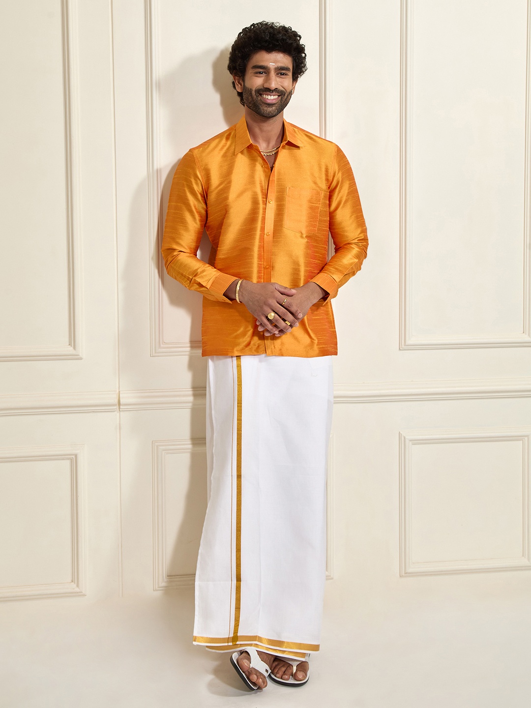

VASTRAMAY Men Orange & White Shirt With Mundu