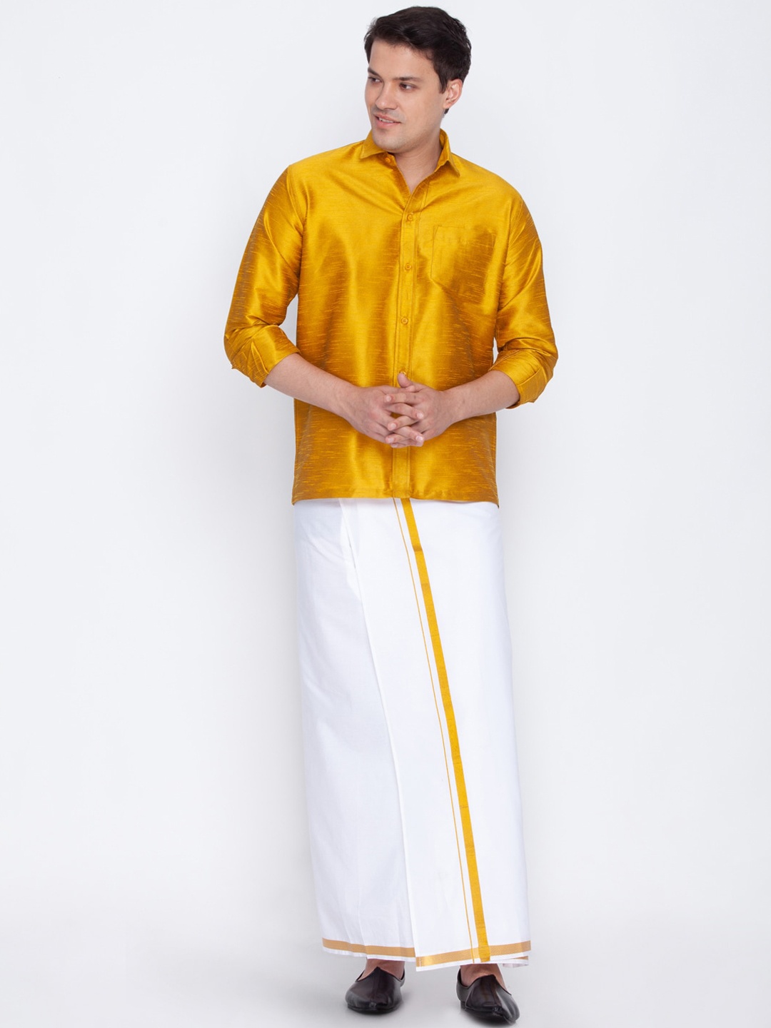 

VASTRAMAY Men Mustard & White Shirt with Dhoti Pants