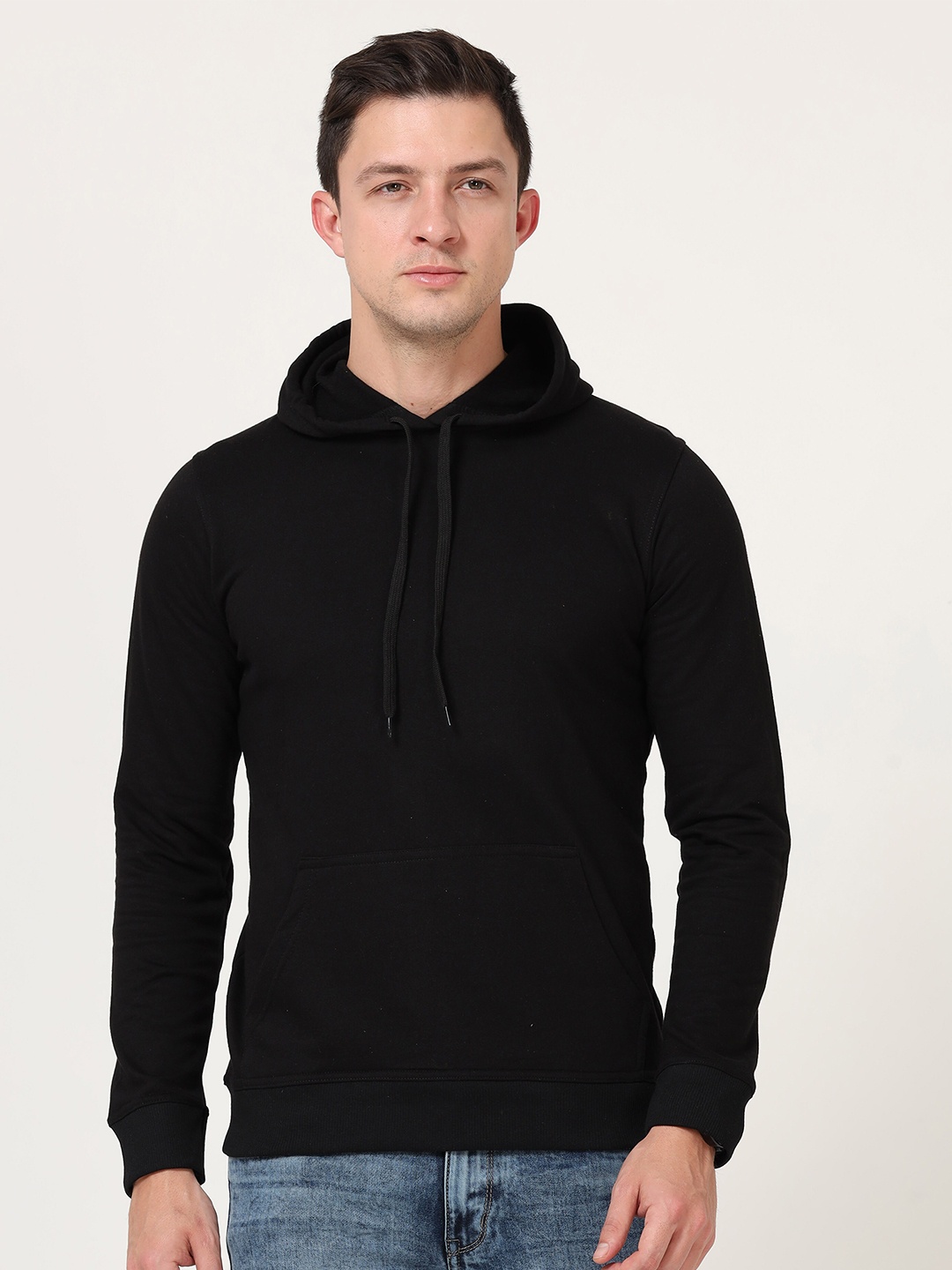 

Fleximaa Men Black Solid Hooded Sweatshirt