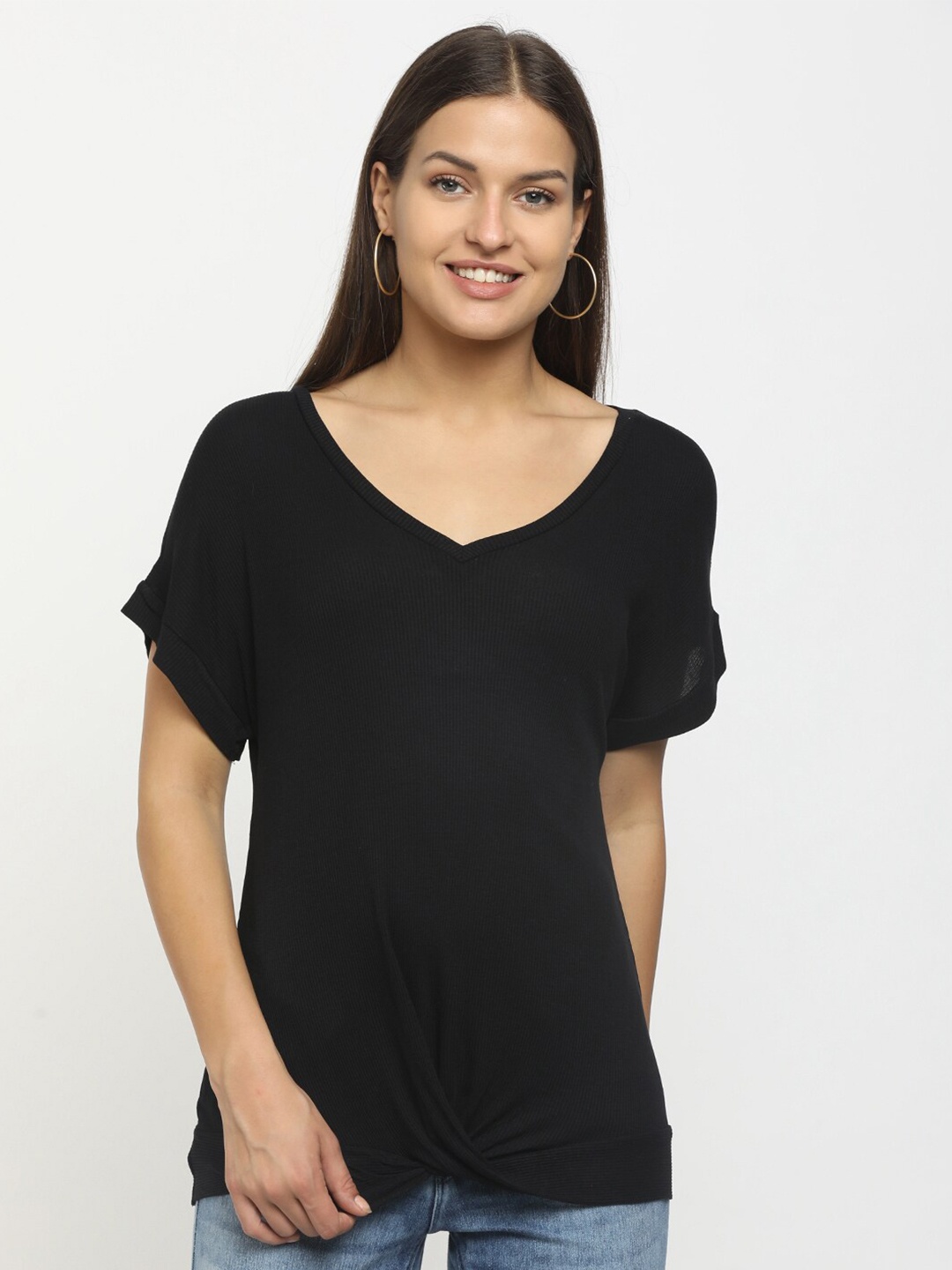 

Cherokee Women Black Extended Sleeves V Neck Top