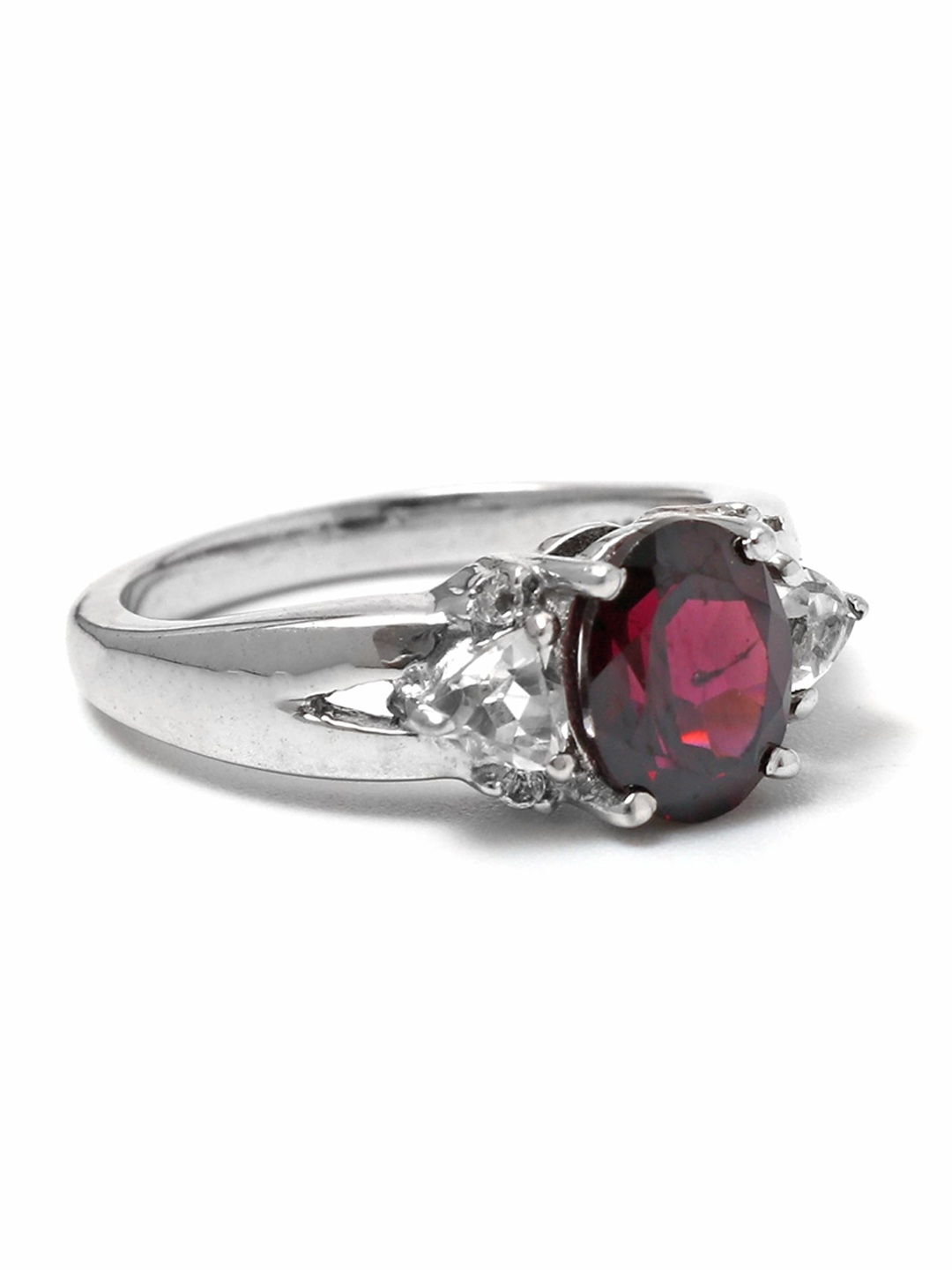 

HIFLYER JEWELS Rhodium-Plated Silver-Toned Red & White Topaz Stone Studded Finger Ring