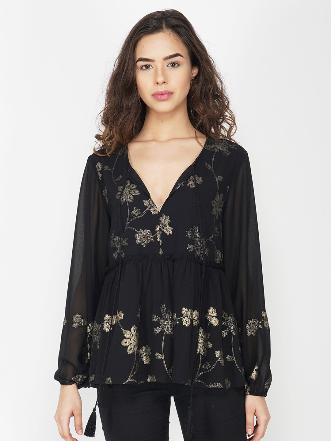 

SHAYE Black Floral Print Tie-Up Neck Top