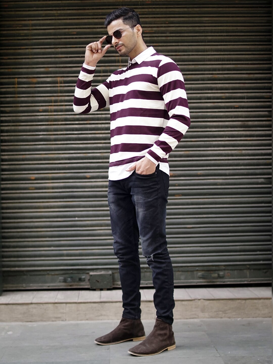 

Powerlook Men Maroon Striped Slim Fit T-shirt