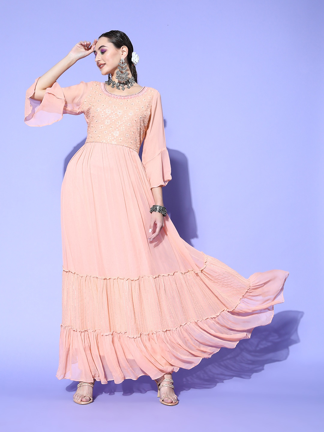 

ZOLA Women Beautiful Peach Georgette Ruffled Kurta