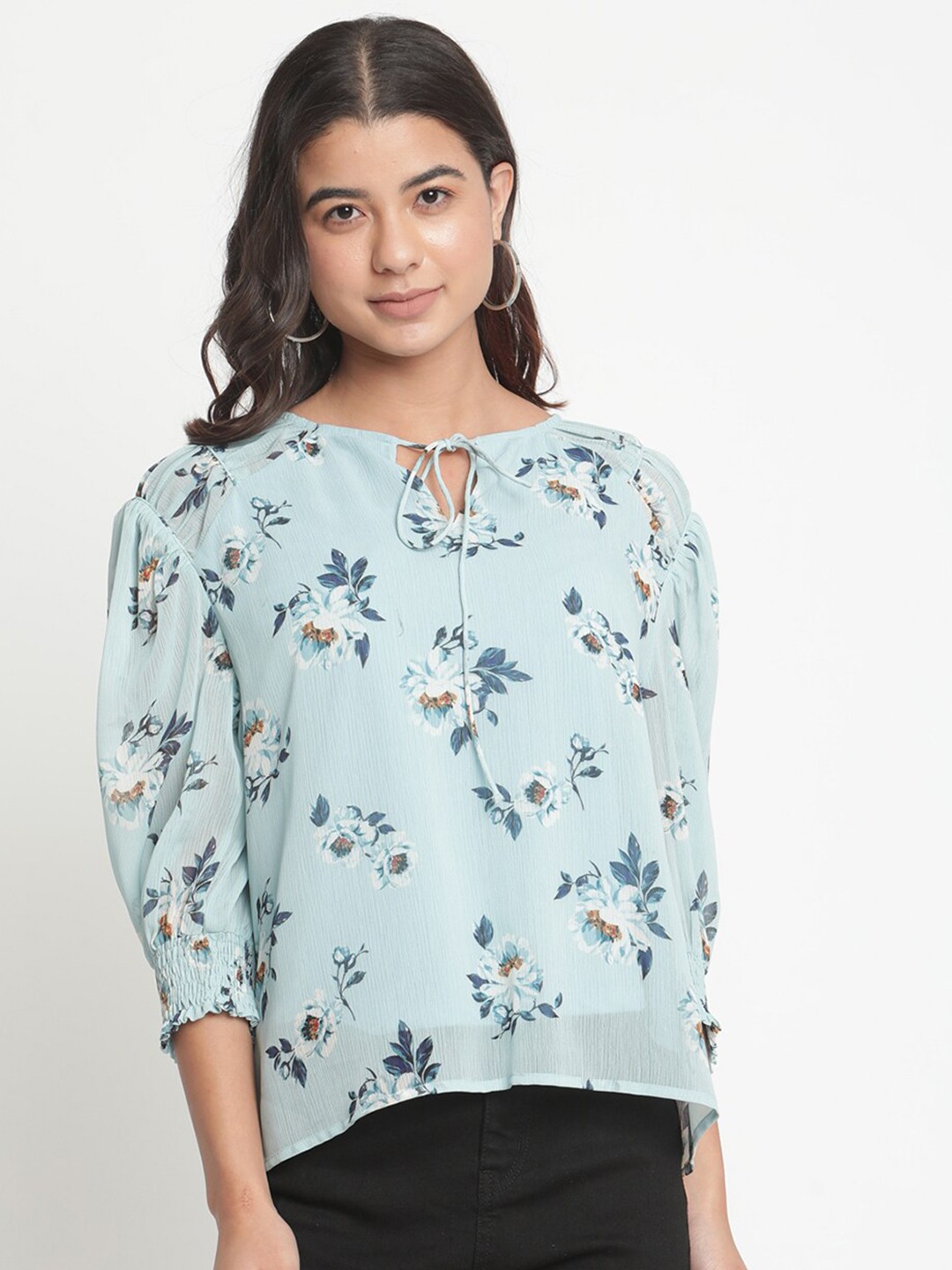 

Madame Blue Floral Print Tie-Up Neck Top