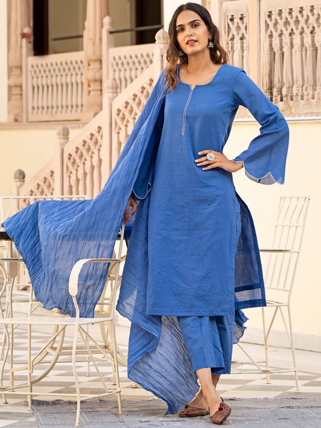 

Baisacrafts Women Blue Pure Cotton Kurta with Trousers & With Dupatta