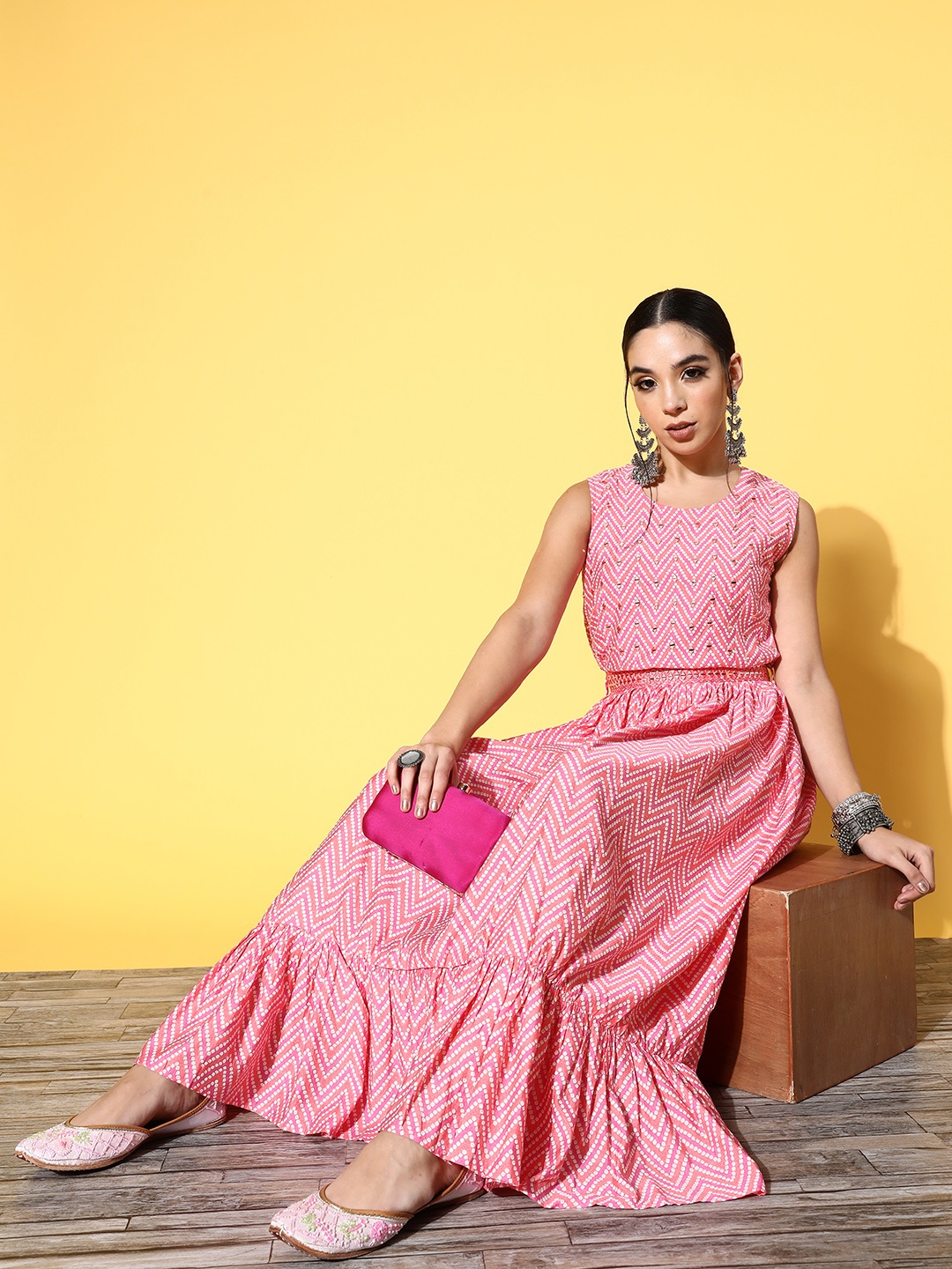 

ZOLA Pink & White Chevron Print Embellished A-Line Maxi Ethnic Dress With Belt