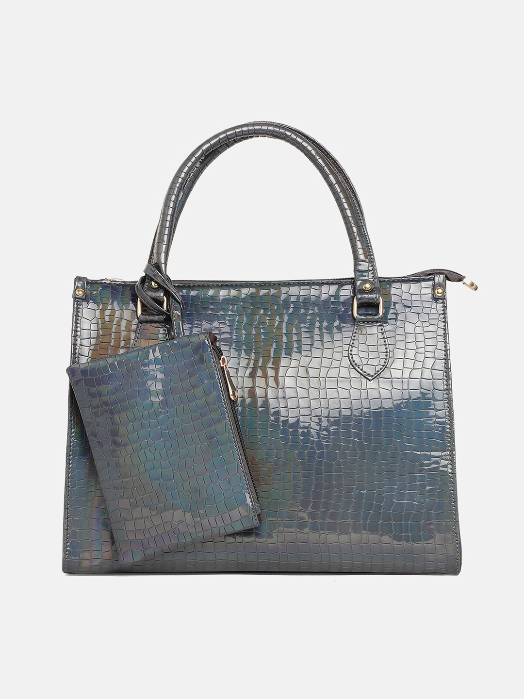 

Miaz Lifestyle Silver-Toned Textured Leather Structured Handheld Bag With Pouch
