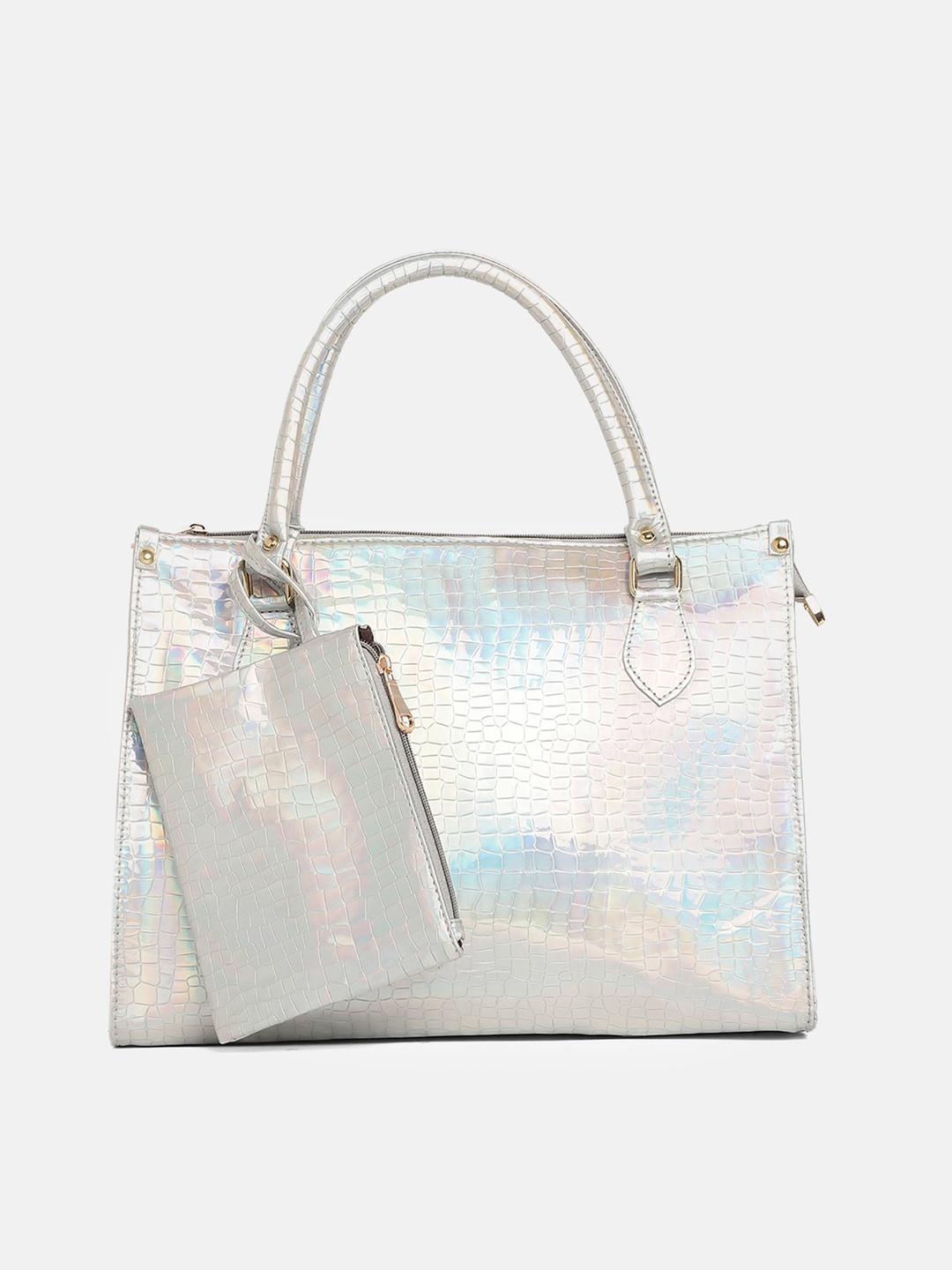 

Miaz Lifestyle Silver-Toned Textured Leather Oversized Shopper Handheld Bag