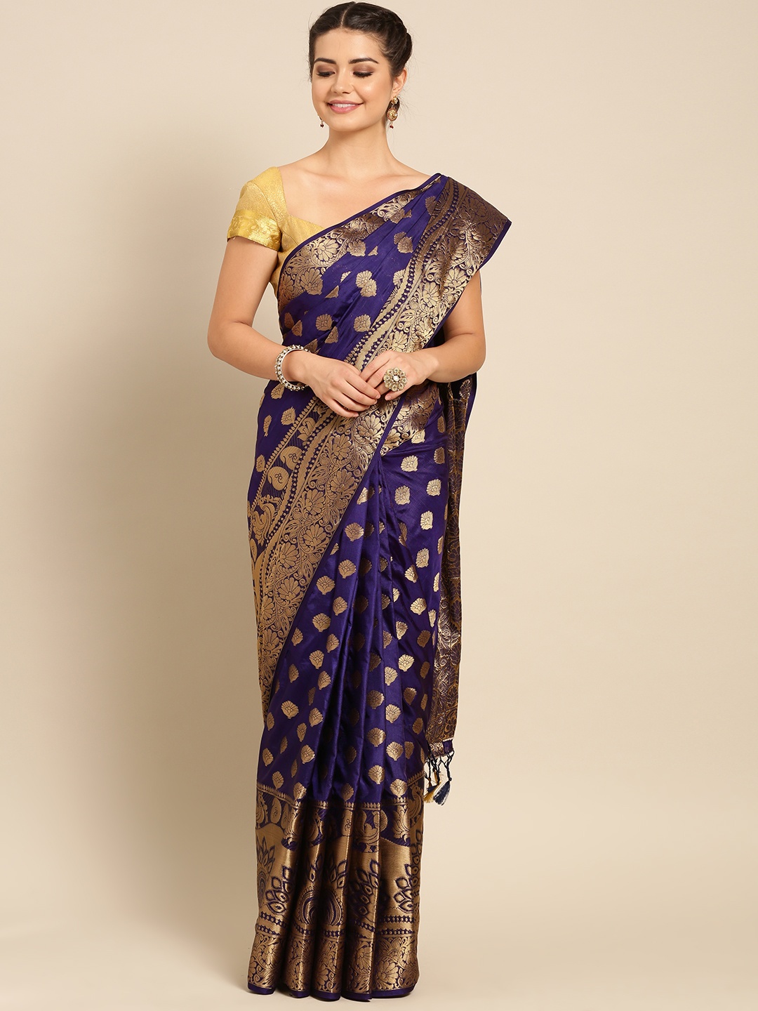 

MIMOSA Navy Blue & Gold-Coloured Art Silk Woven Design Kanjeevaram Saree