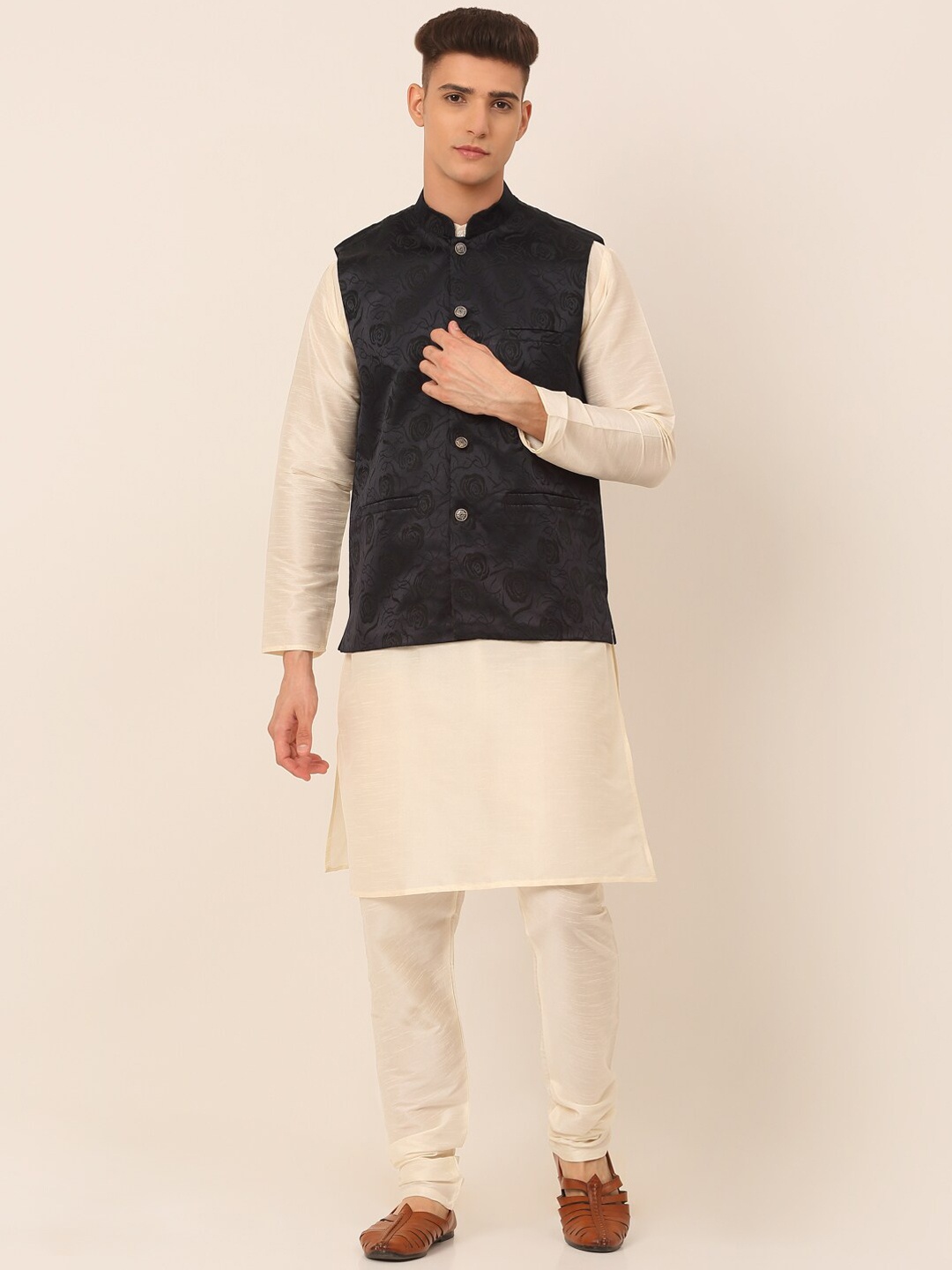 

Jompers Men's Blue Layered Kurta Pajama With Floral Embroidered Nehru Jacket