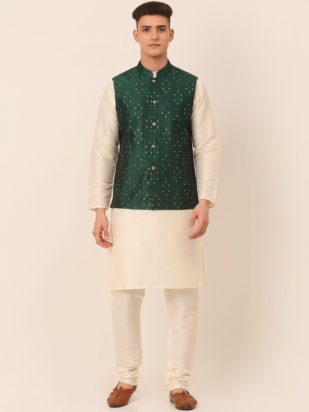 

Jompers Men Cream Kurta With Churidar& Embroidered Nehru Jacket