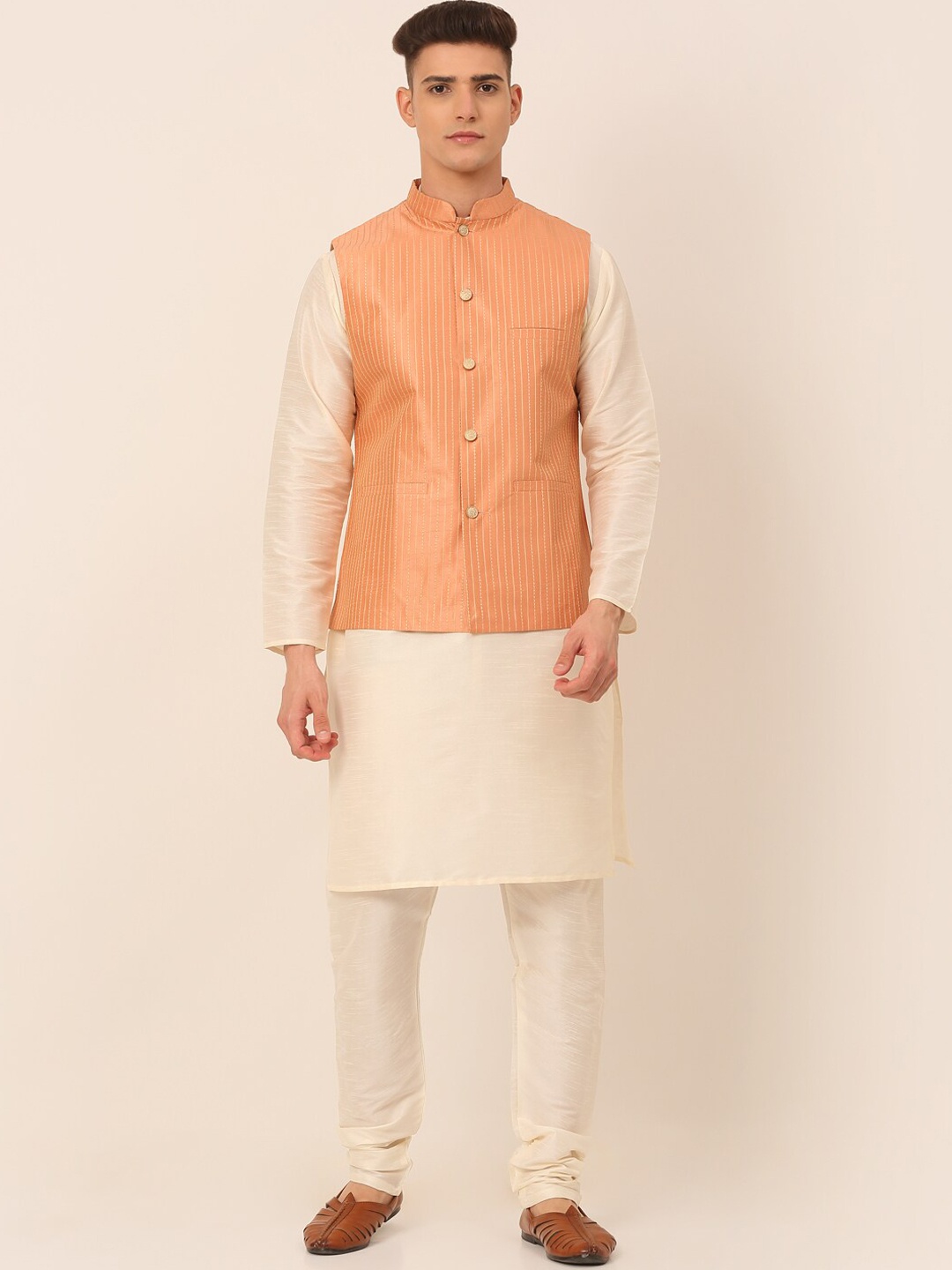 

Jompers Men Cream-Coloured Kurta ,Churidar & Striped Embroidered Nehru Jacket