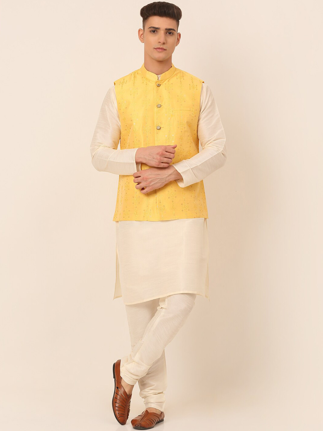 

Jompers Men Yellow Sequinned Kurta with Churidar & Nehru Jacket