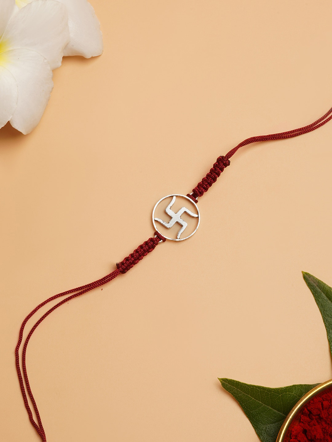 

TEEJH Silver-Colored Red Thread Rakhi With Roli & Chawal