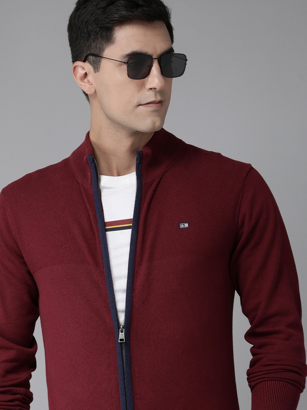 

Arrow Men Solid Cardigan with Knit Detail, Maroon