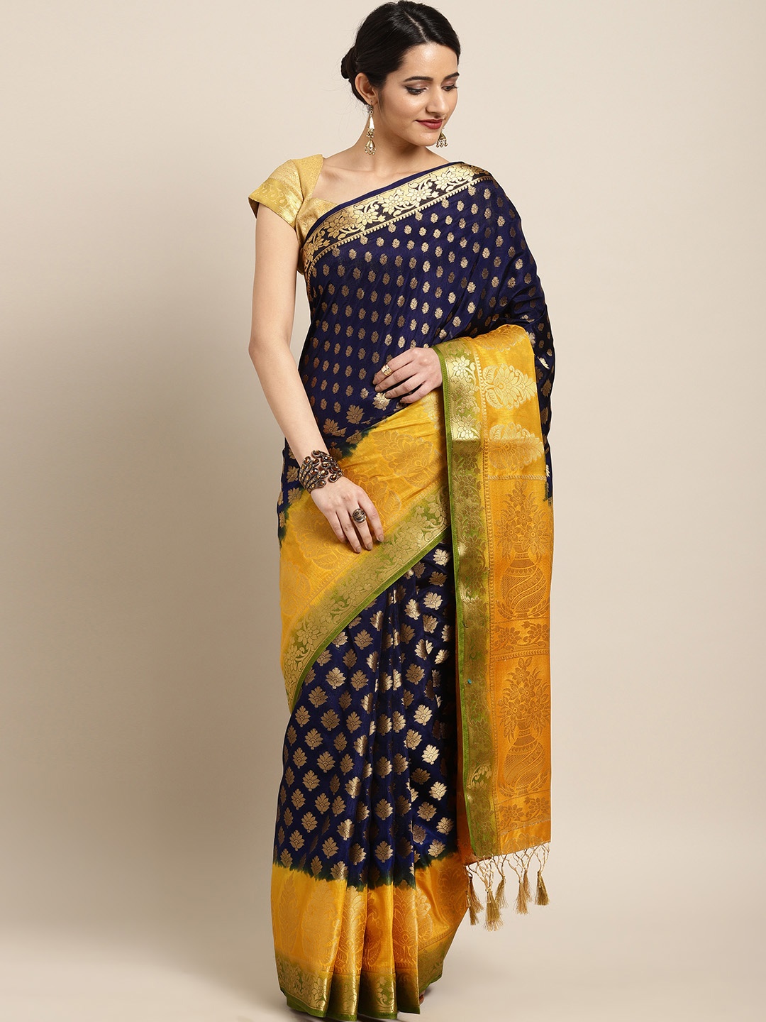 

MIMOSA Navy Blue & Yellow Art Silk Woven Design Kanjeevaram Saree
