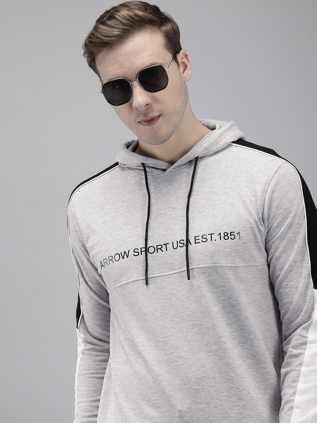 

Arrow Brand Logo Printed Hooded Long Sleeves Sweatshirt, Grey melange