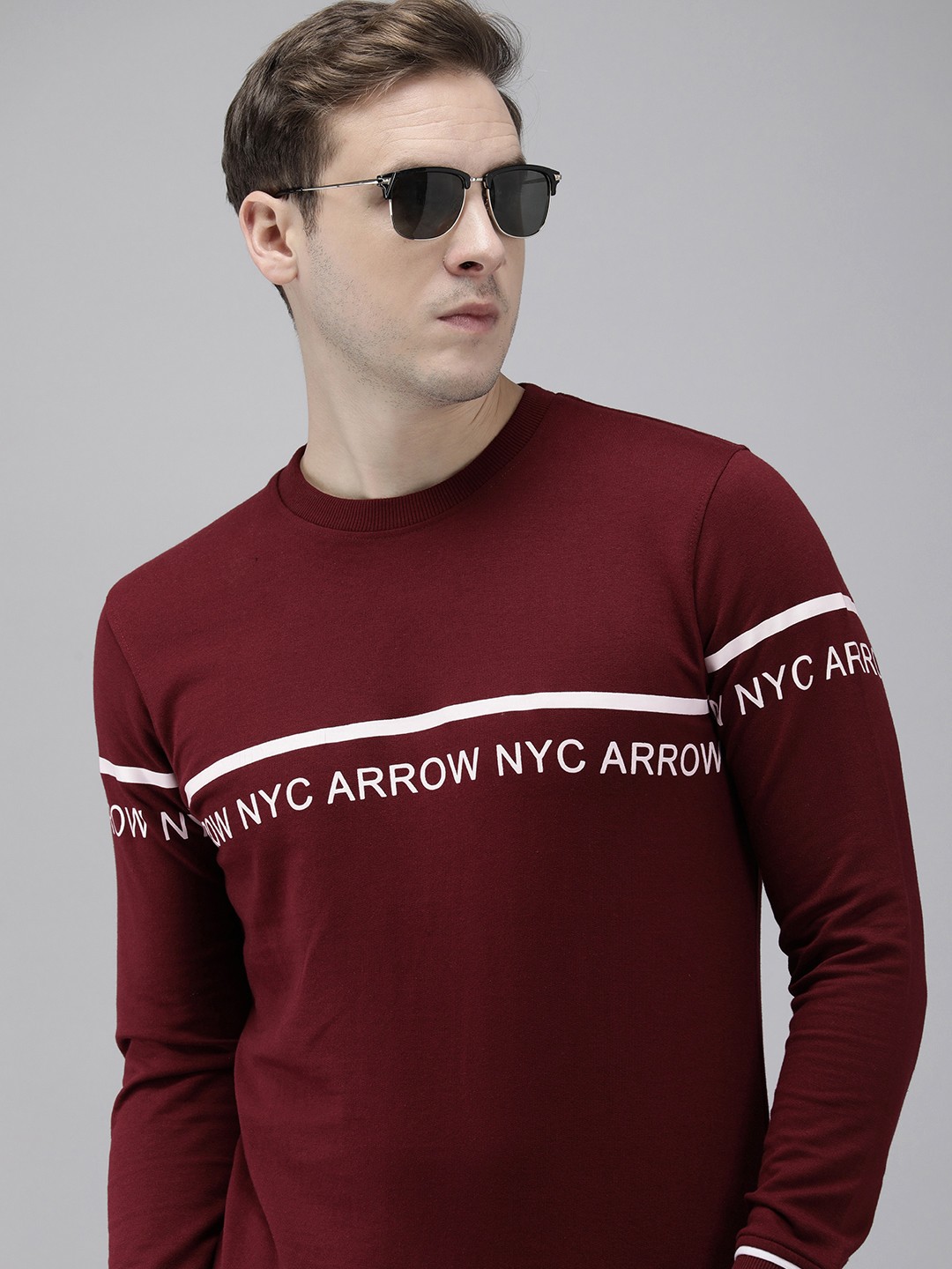 

Arrow Round Neck Brand Logo Printed & Striped Detail Sweatshirt, Burgundy