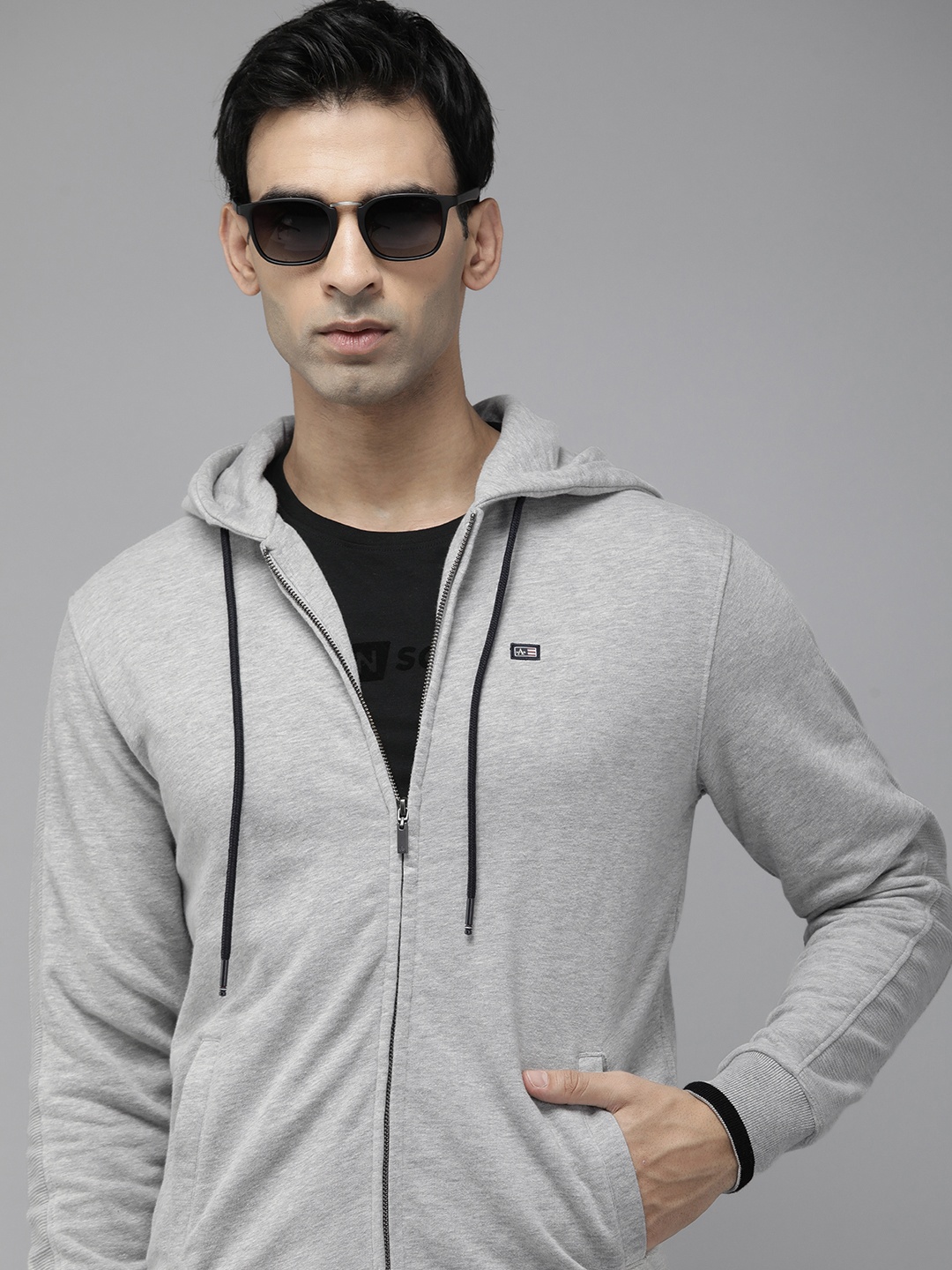 

Arrow Men Solid Knitted Hooded Front-Open Sweatshirt, Grey melange