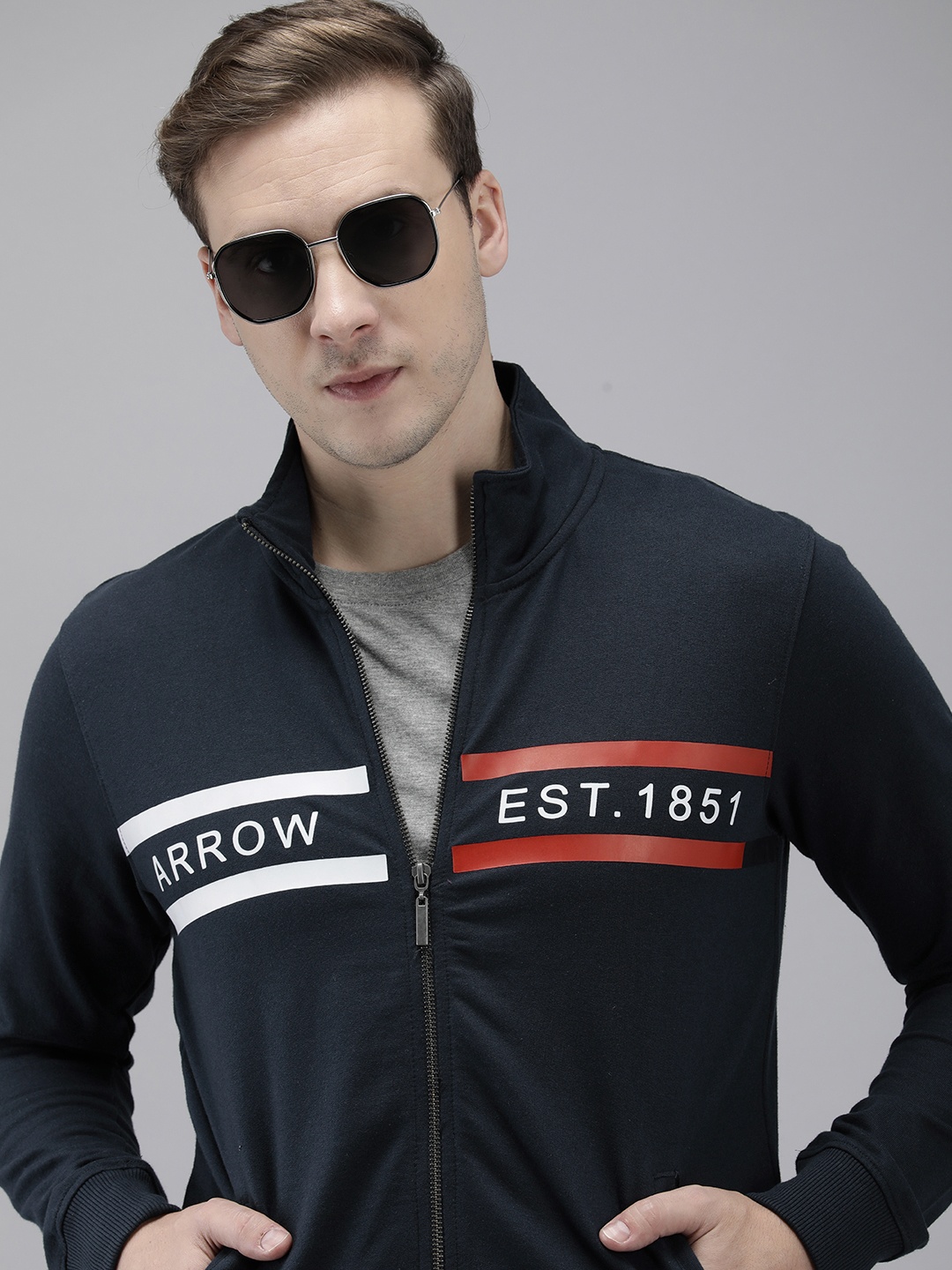 

Arrow Mock Collar Printed Long Sleeves Front-Open Sweatshirt, Navy blue